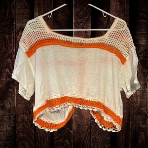 Free People White and Orange Crochet Crop Top